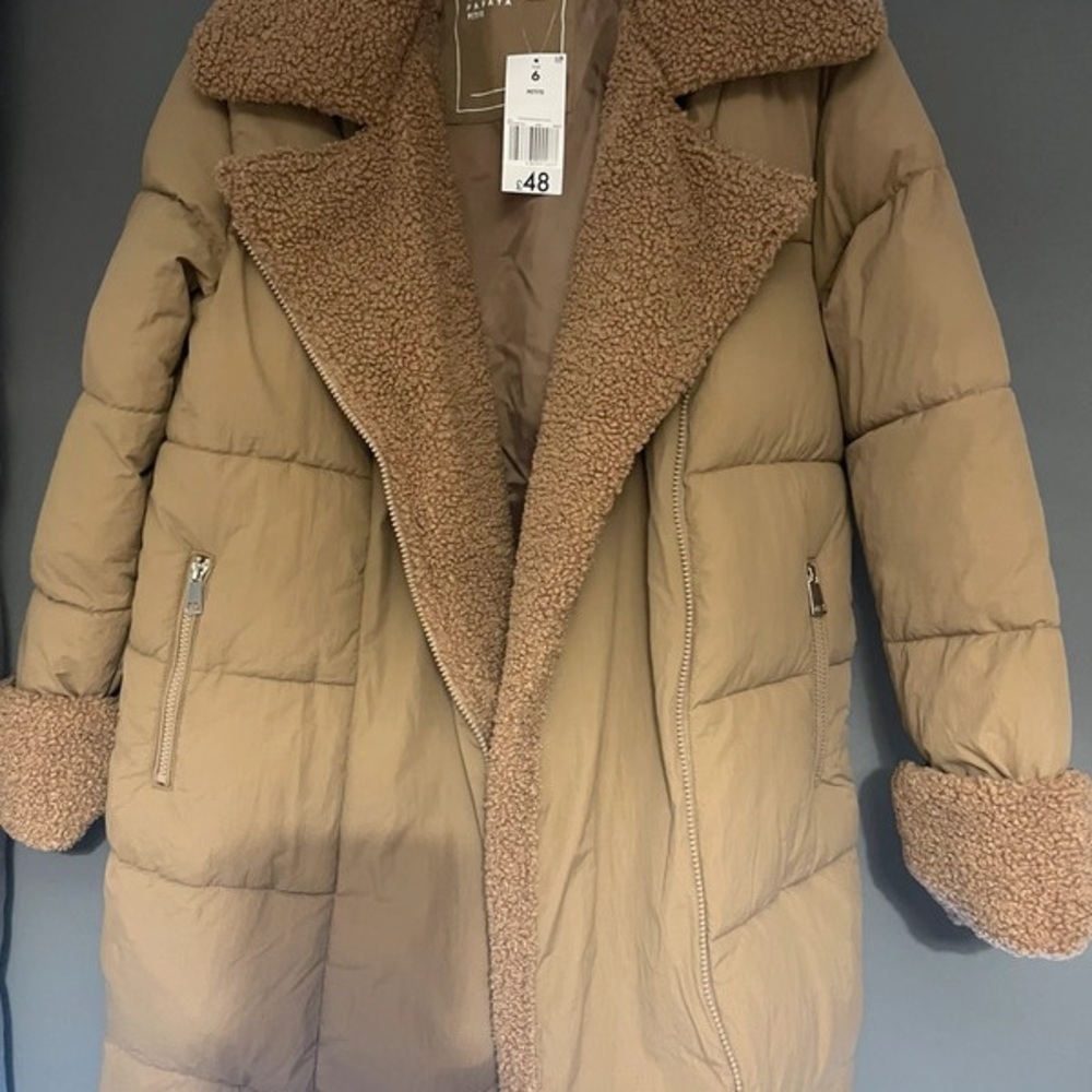 Papaya Tan Puffer Coat with Sherpa Trim